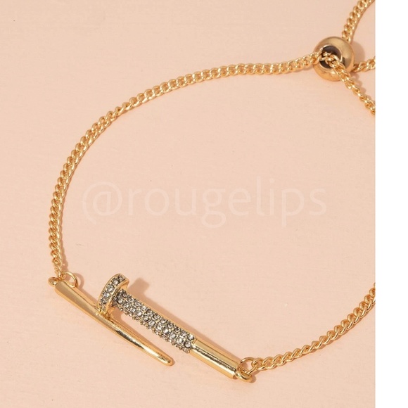 Rhinestone Embellished Gold Tone Nail Chain Dangle Bracelet Drawstring - Picture 3 of 4